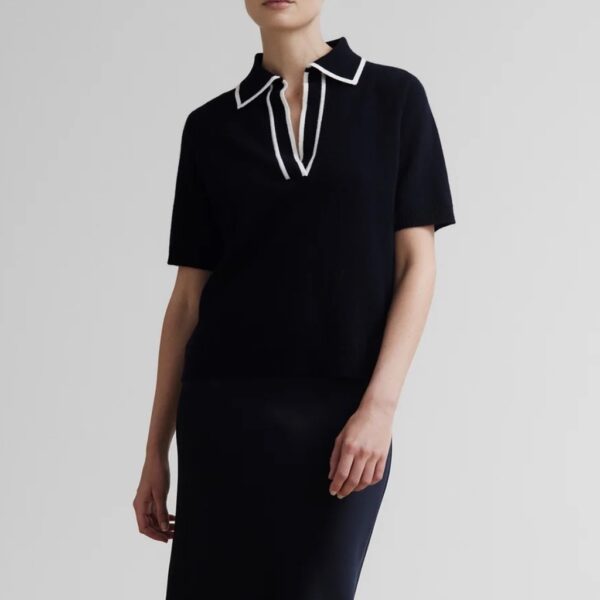 Wool cashmere v-neck polo black - ALLUDE - Image 2