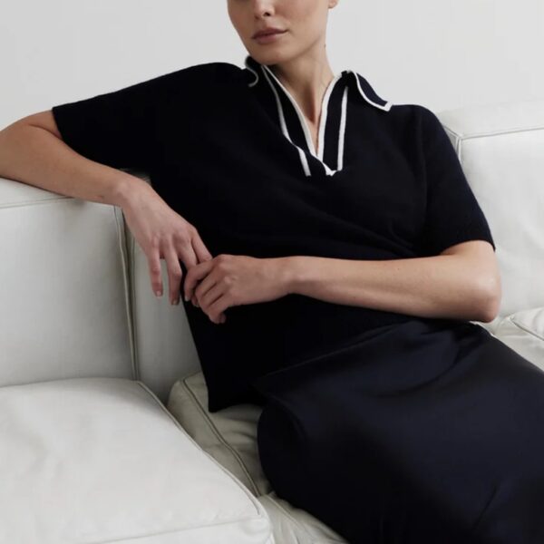 Wool cashmere v-neck polo black - ALLUDE - Image 3