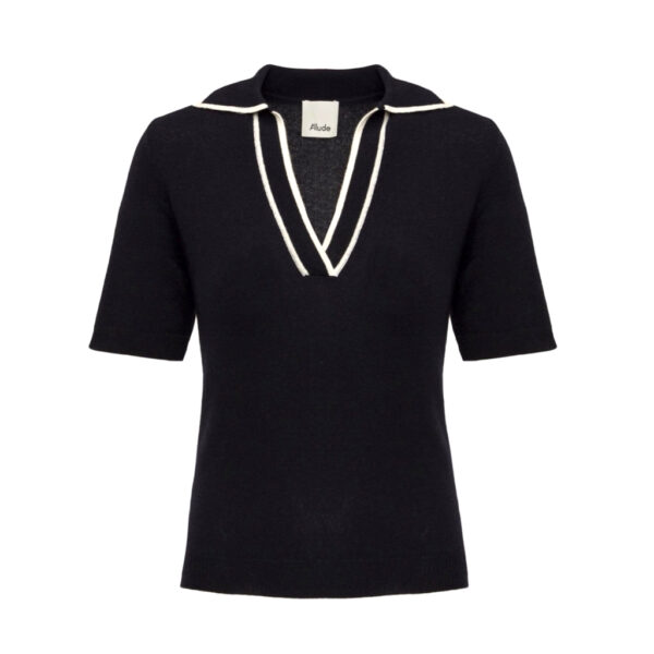 Wool cashmere v-neck polo black - ALLUDE