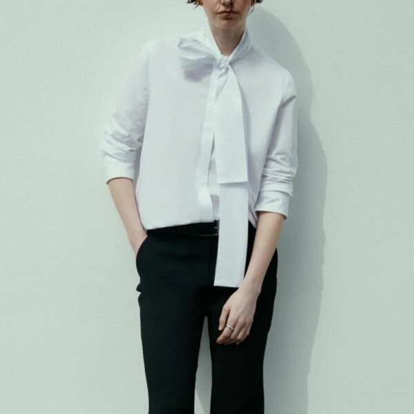PAMELA white poplin bow blouse - XACUS - Image 7